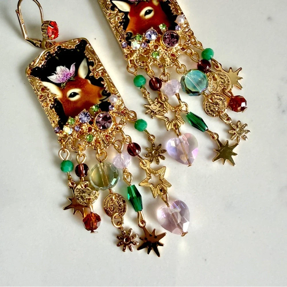 Deer Portrait Celestial Crystal Beads Earrings Vintage Style Chandelier Gold NEW